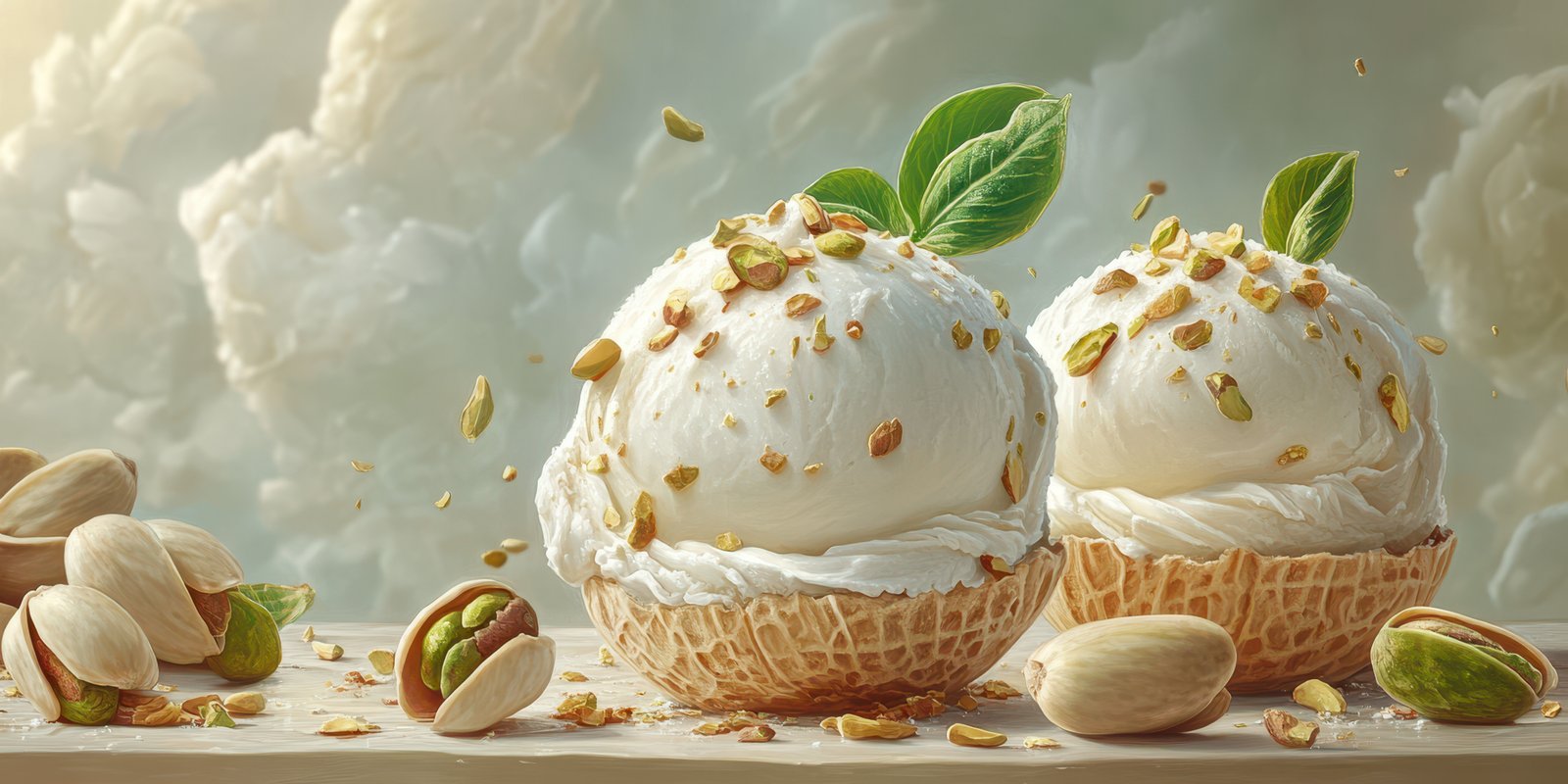 Delicious pistachio ice cream served in waffle cups with nuts on a textured surface